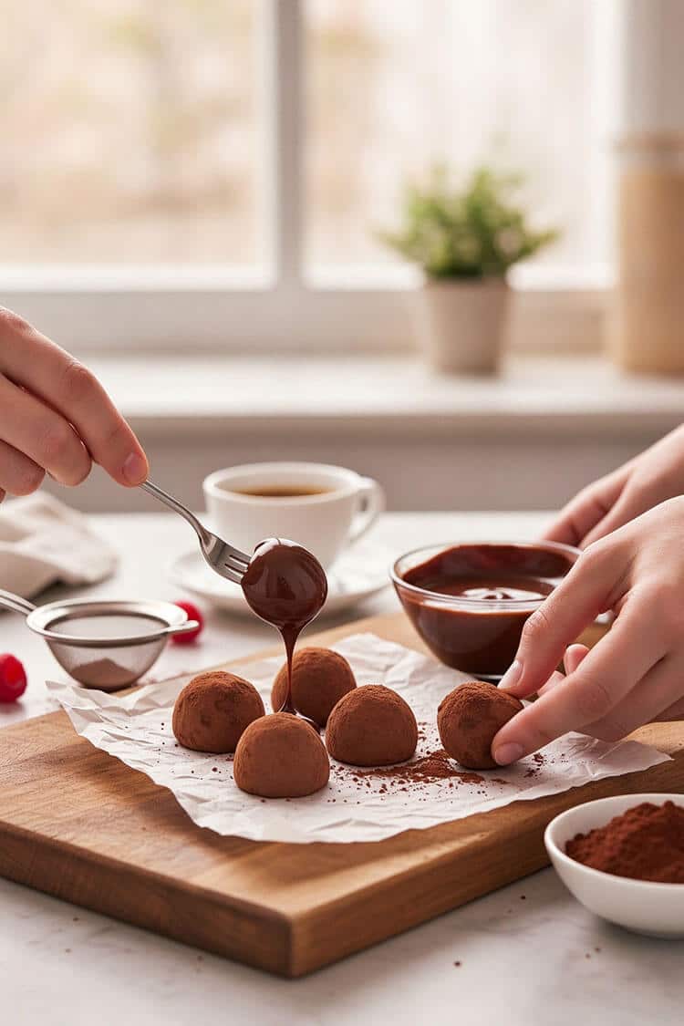 Hands dipping a round ganache truffle into melted dark chocolate on a fork and picking up a cocoa-dusted truffle on crinkled parchment paper by a cup of coffee