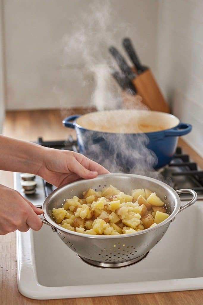 Holding a stainless steel colander of steaming boiled potato cubes over a sink to drain excess water.