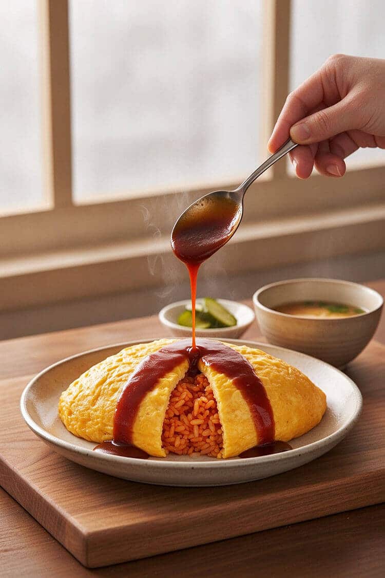 Drizzling warm, glossy brown demi-glace sauce from a spoon over the split top of a fluffy golden omurice on a white ceramic plate