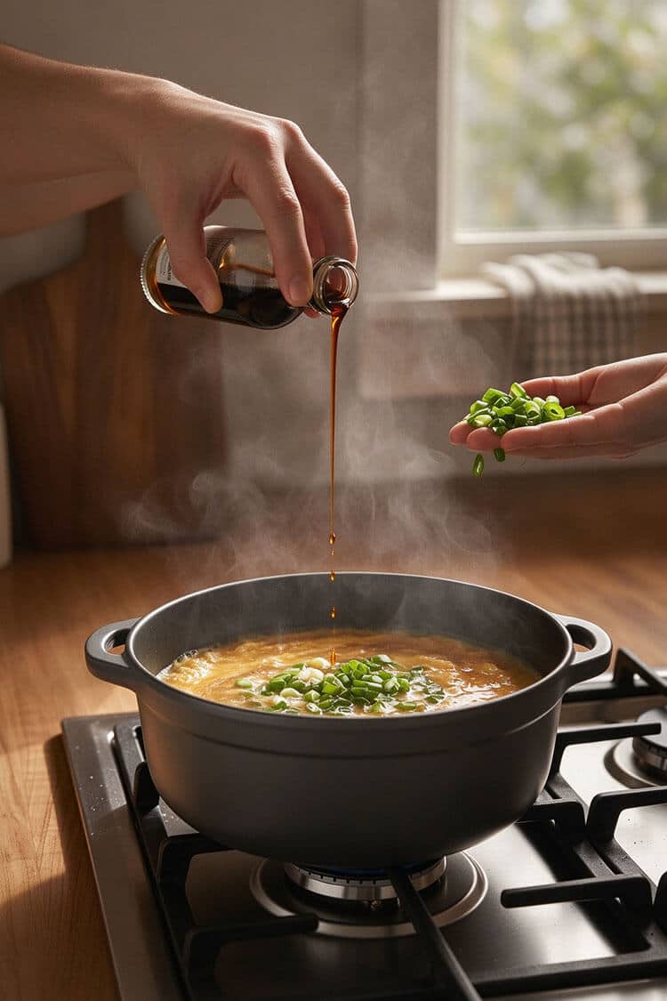 Drizzling toasted sesame oil from a small bottle and scattering fresh chopped green onions over a finished pot of hot and sour egg drop soup