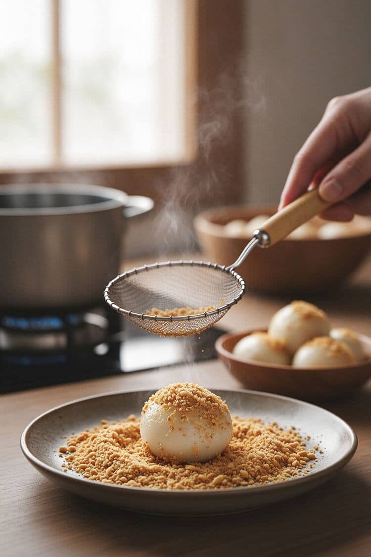 Dusting golden crushed roasted peanuts through a small wire strainer over a warm white glutinous rice ball resting on a shallow ceramic plate
