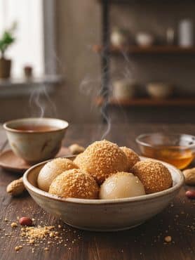 A rustic bowl of steaming warm Cantonese glutinous rice balls coated in golden crushed peanuts, served with hot tea on a dark wood table