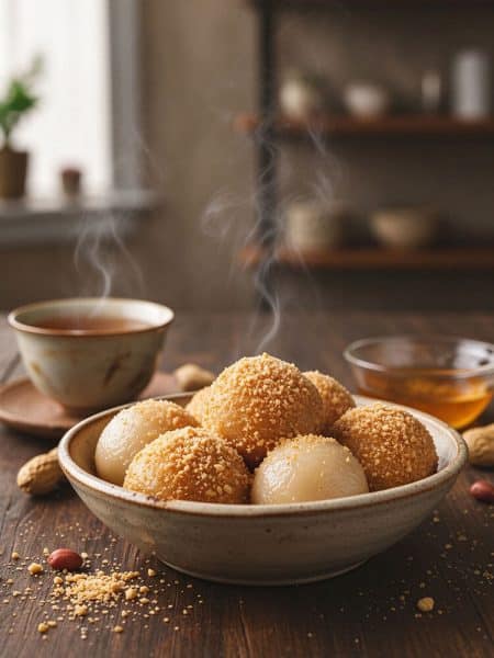 A rustic bowl of steaming warm Cantonese glutinous rice balls coated in golden crushed peanuts, served with hot tea on a dark wood table