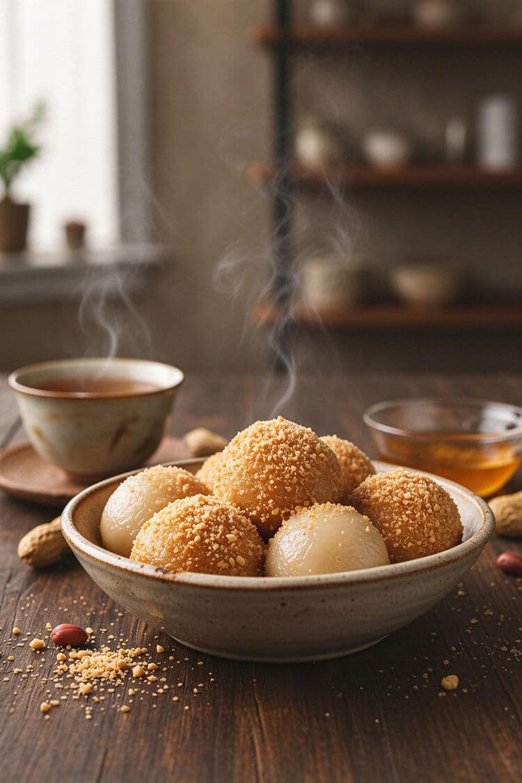 A rustic bowl of steaming warm Cantonese glutinous rice balls coated in golden crushed peanuts, served with hot tea on a dark wood table