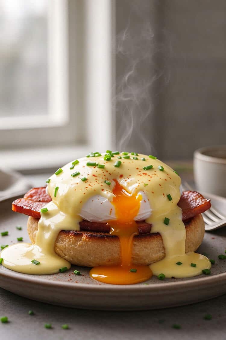 A warm, plated eggs benedict on a toasted English muffin and Canadian bacon, coated in creamy hollandaise sauce with liquid yolk spilling out, garnished with paprika and chives