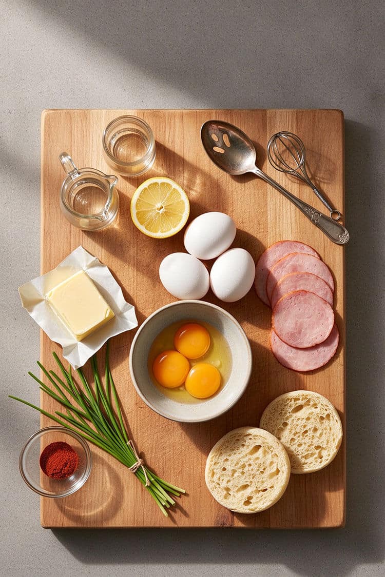 Overhead flatlay view of split english muffins, sliced Canadian bacon, fresh whole eggs, egg yolks in a bowl, butter block, fresh lemon, vinegar, smoked paprika, and chives on a wooden board