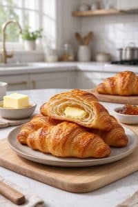 Easy homemade butter croissant recipe featured on a wooden board with one cut open to show the airy honeycomb interior crumb.