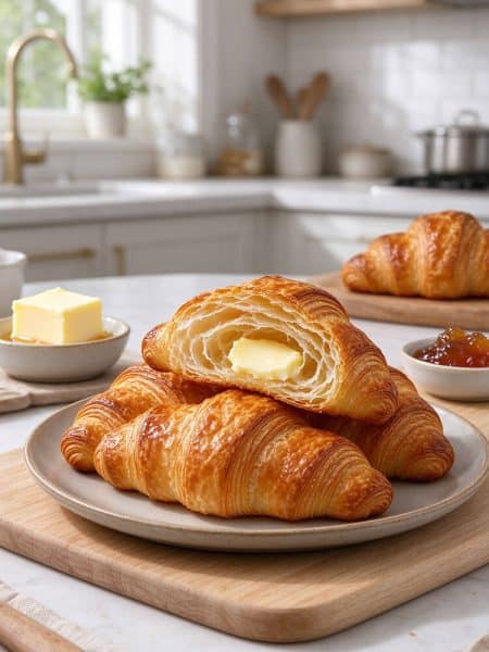 Easy homemade butter croissant recipe featured on a wooden board with one cut open to show the airy honeycomb interior crumb.