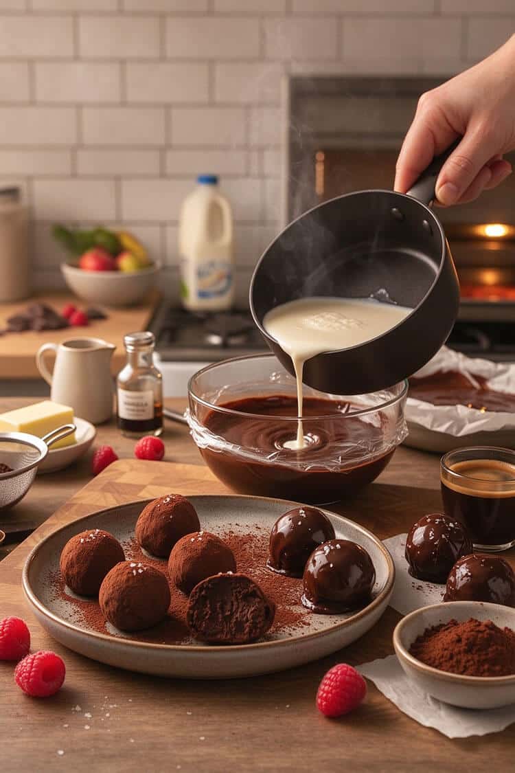 A ceramic plate with cocoa-dusted and glossy chocolate-dipped truffles with sea salt flakes, fresh raspberries, an espresso cup, and hot cream being poured into melted ganache