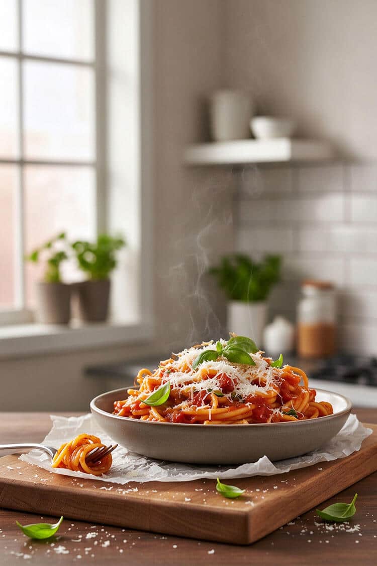 A warm ceramic bowl of steaming spaghetti swirled in glossy tomato sauce, topped with freshly grated Parmesan cheese and basil leaves on a rustic cutting board by a window