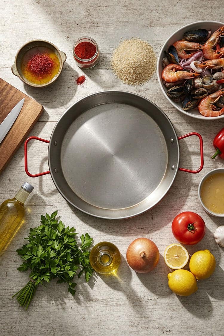 Overhead flatlay view of an empty steel paella pan surrounded by shrimp, mussels, clams, squid rings, Bomba rice, saffron, smoked paprika, olive oil, tomato, onion, garlic, and fresh lemons