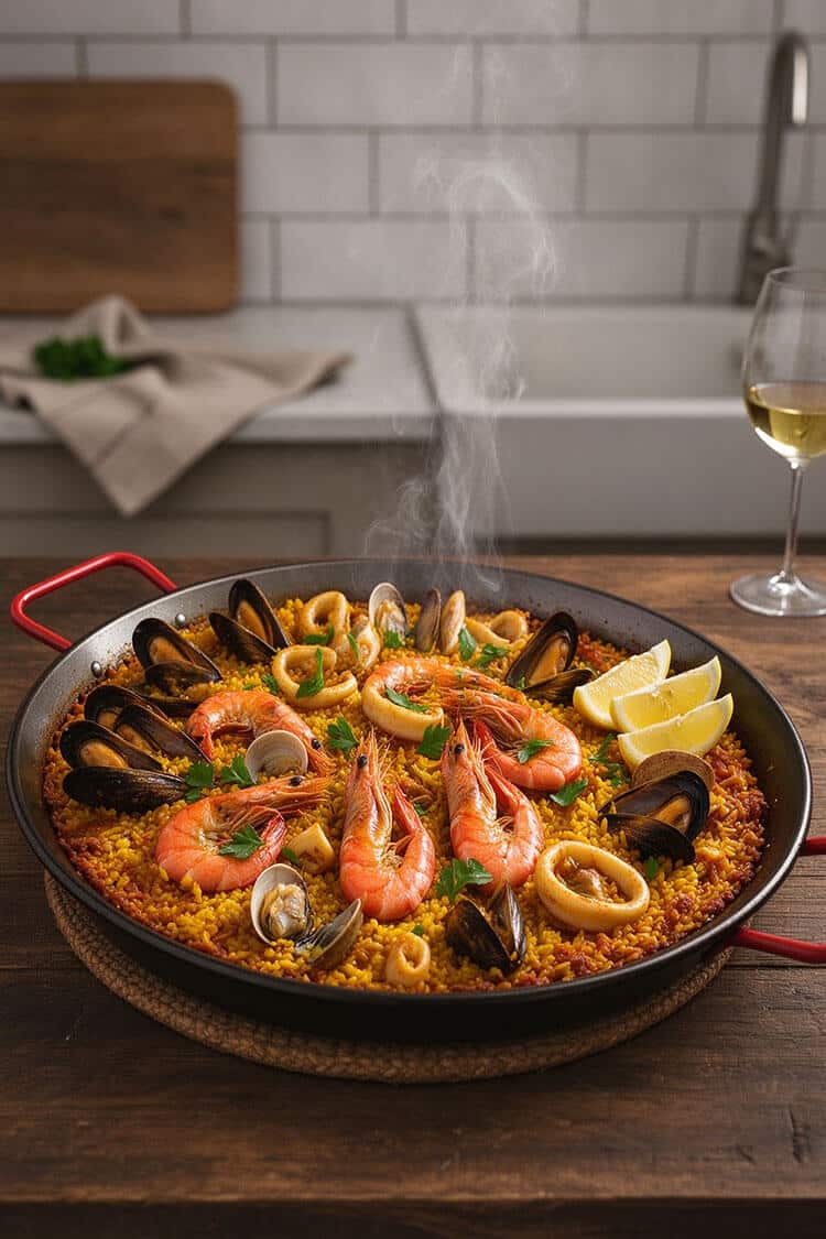 A wide black paella pan filled with saffron rice, whole jumbo shrimp, open mussels, clams, squid rings, and fresh lemon wedges next to a glass of chilled white wine on a rustic wood table