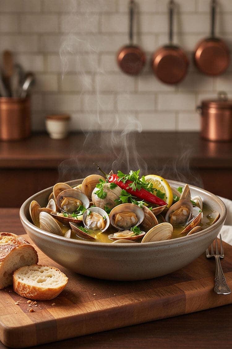 A steaming ceramic bowl of cooked clams in white wine garlic butter broth with fresh parsley, lemon wedge, red chili, and crusty bread slices on a wooden board