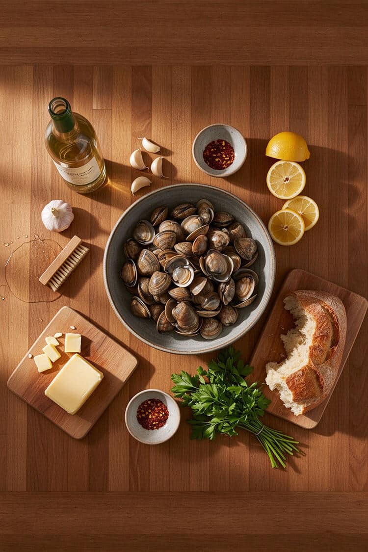 Overhead flatlay view of fresh littleneck clams in a ceramic bowl, dry white wine bottle, garlic cloves, butter block, red pepper flakes, fresh parsley, lemon slices, and crusty bread on a wood counter