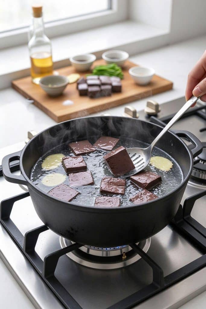 Lifting blanched pork blood curd cubes from simmering ginger water using a slotted spoon in a black pot.
