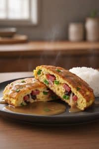 Cross-section close up of a sliced egg foo young patty showing juicy char siu pork cubes, crunchy bean sprouts, and airy pillowy egg interior covered in gravy.