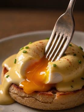 Macro close-up of a vintage silver fork piercing a poached egg covered in hollandaise sauce, with deep golden yolk oozing over a toasted English muffin