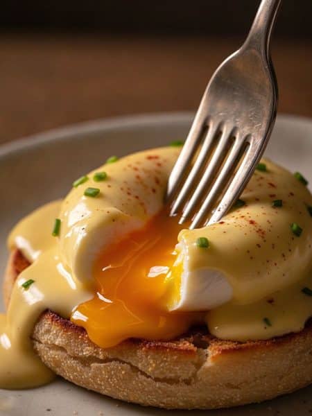 Macro close-up of a vintage silver fork piercing a poached egg covered in hollandaise sauce, with deep golden yolk oozing over a toasted English muffin