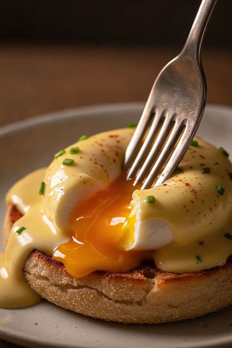 Macro close-up of a vintage silver fork piercing a poached egg covered in hollandaise sauce, with deep golden yolk oozing over a toasted English muffin