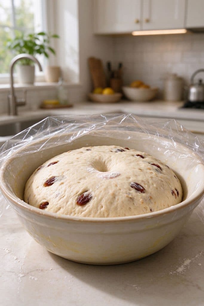 Proofed yeast dough doubled in size inside a covered ceramic bowl with a gentle fingertip indentation test.