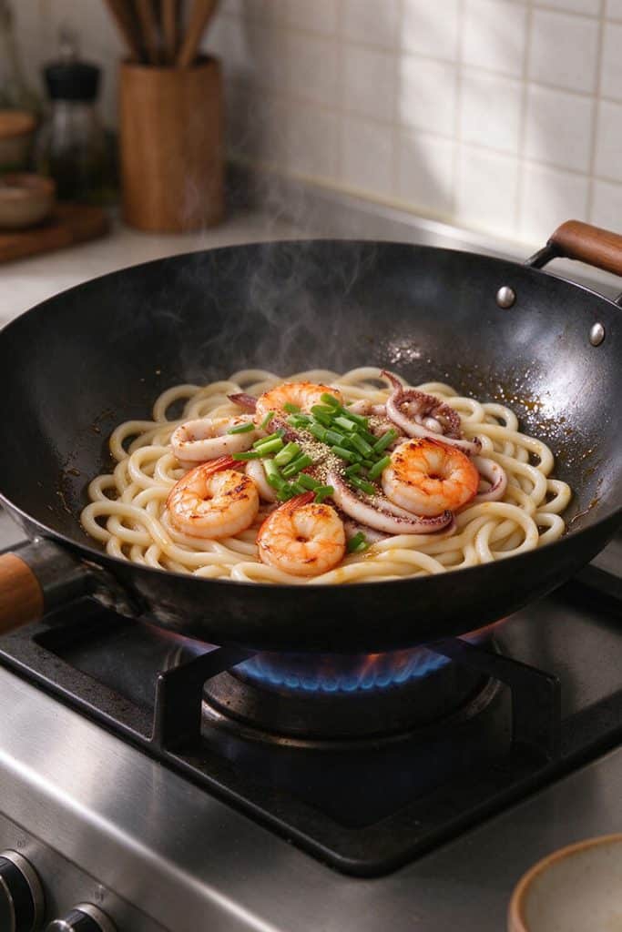 Sautéed noodles in a wok topped with seared shrimp, tender squid rings, sliced green onions, and togarashi flakes.