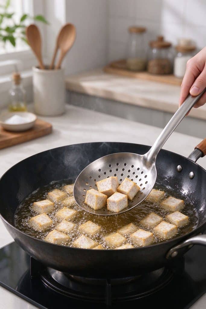 Scooping pale golden fried taro cubes from hot bubbling oil using a stainless steel spider skimmer.