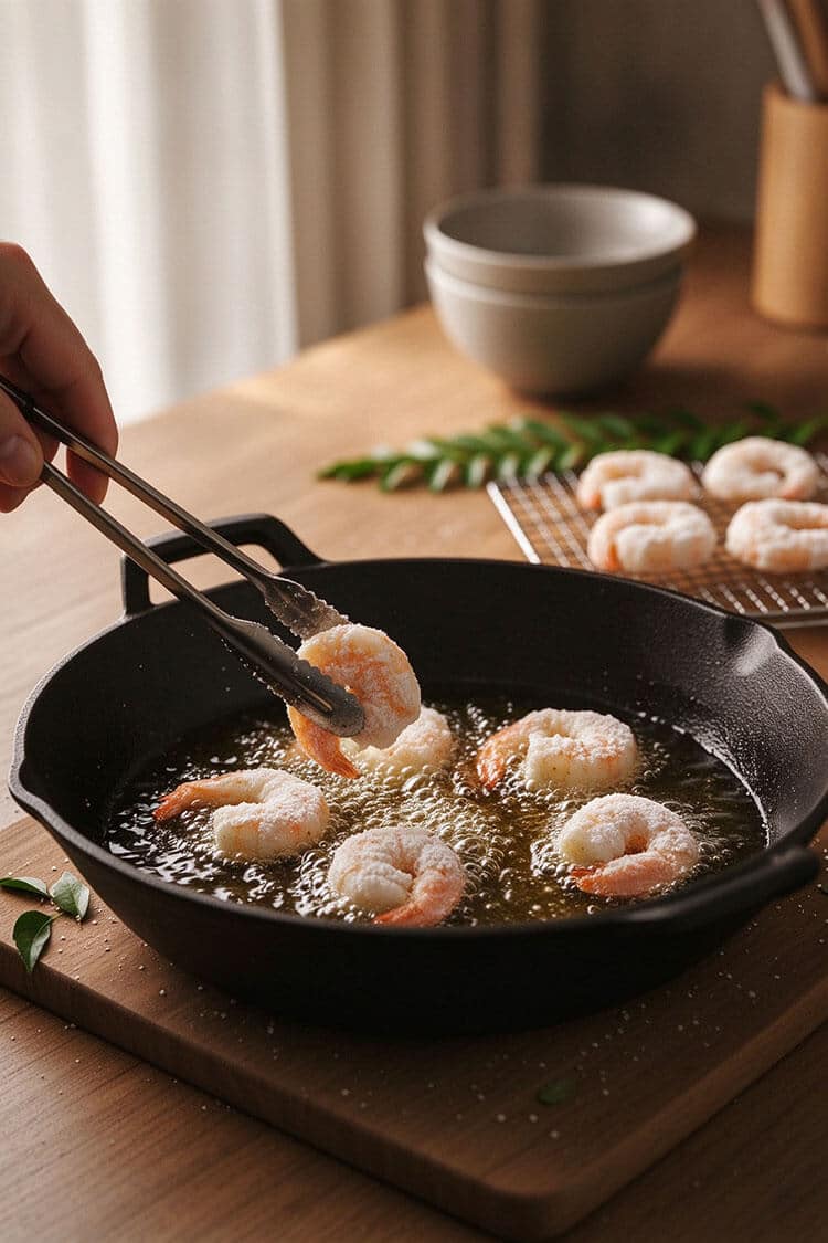 Tongs gently lowering cornstarch-dredged raw shrimp into hot oil inside a cast iron pan on a wooden table