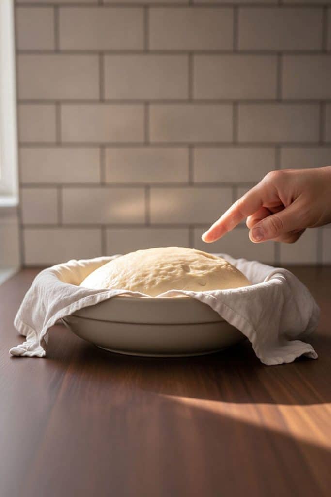 Pointing a finger at risen smooth bread dough in a towel lined bowl during the proofing test.