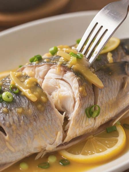 Flaking tender steamed mullet fish meat with a fork revealing moist white flakes coated in savory citrus sauce.