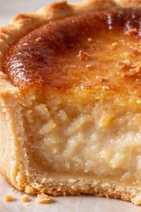Close up cross section of a sliced coconut tart showing flaky golden crust and dense moist coconut filling.