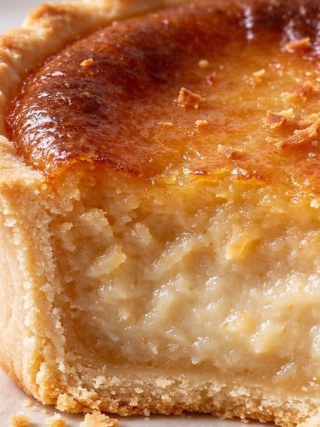Close up cross section of a sliced coconut tart showing flaky golden crust and dense moist coconut filling.