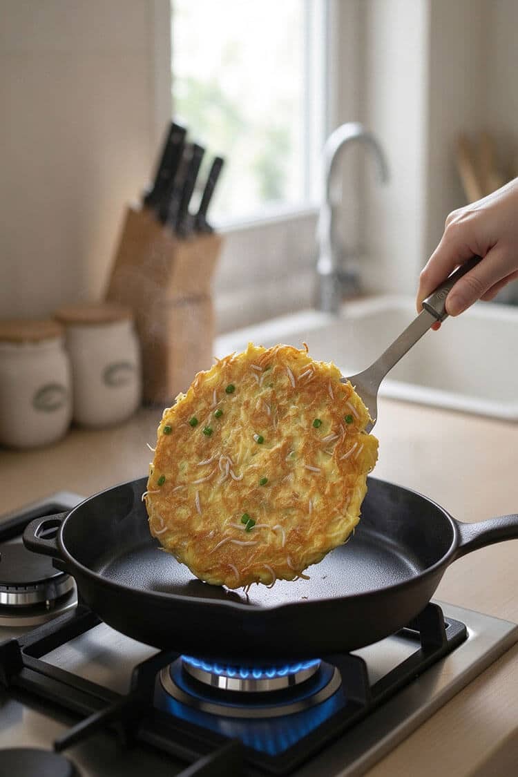 Hand lifting and flipping a whole golden-brown noodlefish egg patty in a cast iron skillet using a wide metal spatula.
