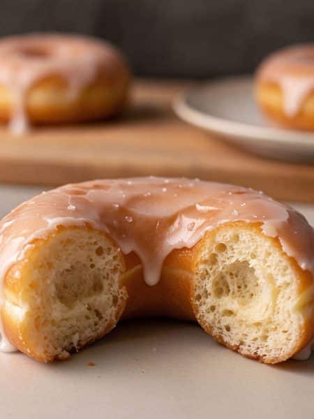 Macro close-up of a broken glazed yeast donut showing an ultra-fluffy, airy crumb with tender open air pockets and a delicate crackled glaze crust