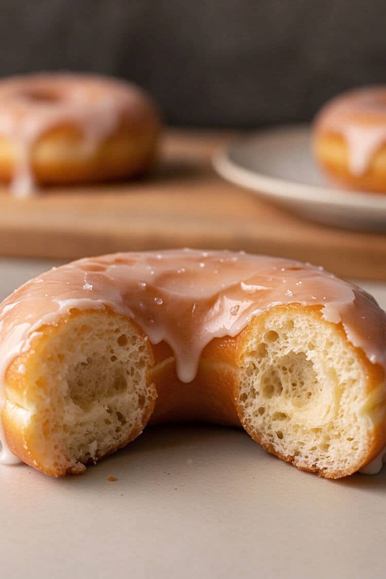 Macro close-up of a broken glazed yeast donut showing an ultra-fluffy, airy crumb with tender open air pockets and a delicate crackled glaze crust