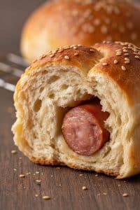 Close up cross section of a soft sausage bun showing fluffy pillowy milk bread layers wrapped around a juicy smoked frank.