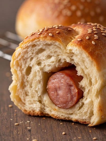 Close up cross section of a soft sausage bun showing fluffy pillowy milk bread layers wrapped around a juicy smoked frank.