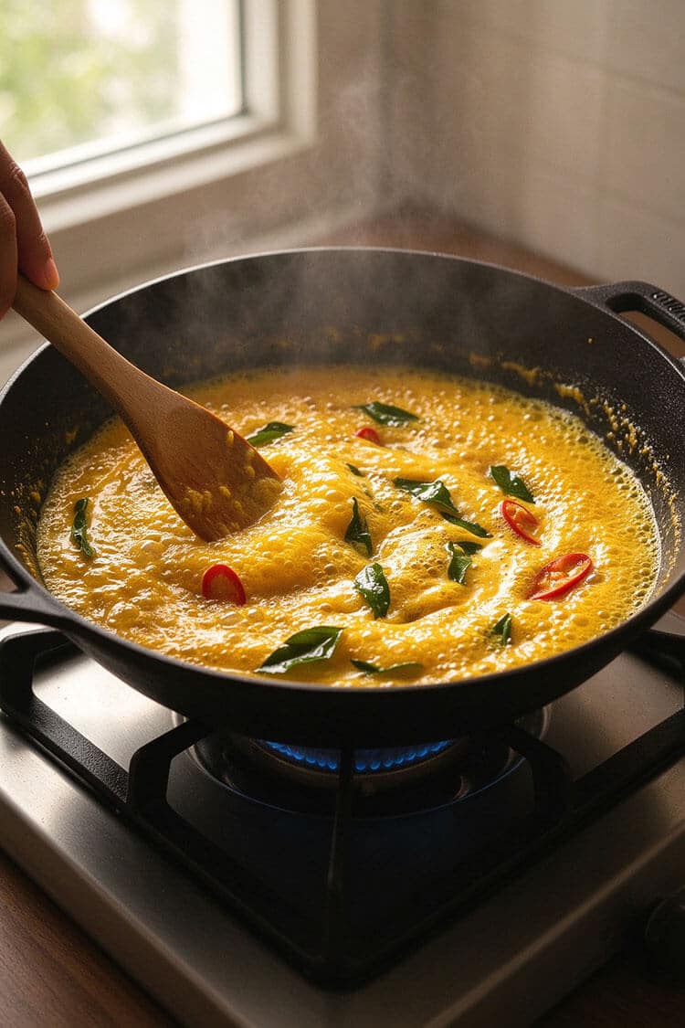 Stirring golden, bubbling foamy salted egg yolk sauce with curry leaves and sliced red chili in a black wok using a wooden spatula