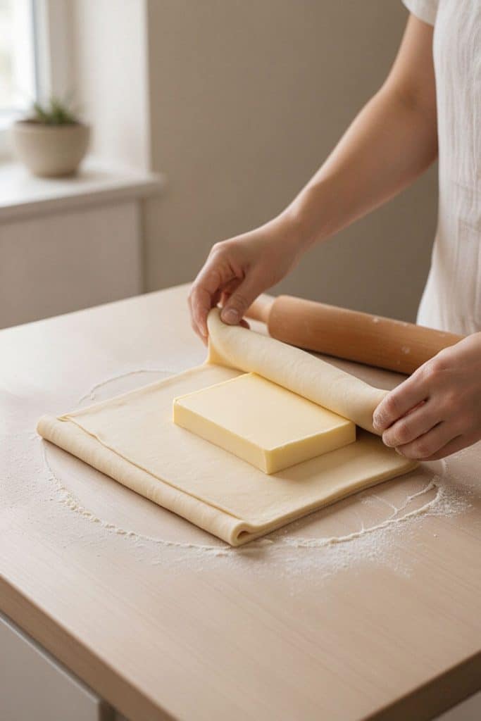 Hands folding chilled dough edges over a square butter block on a floured wooden work surface.