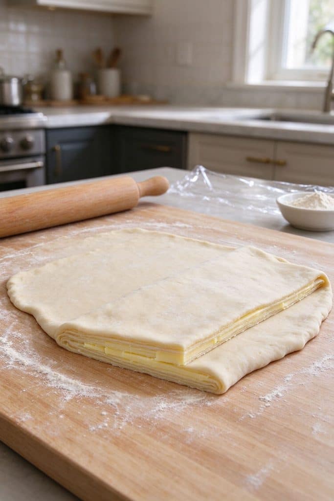 Folding rolled laminated pastry dough into thirds like a business letter over a wooden board with a rolling pin.