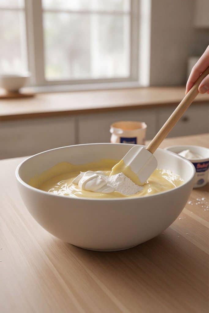 Folding sour cream and flour into smooth cheesecake batter using a wooden-handled silicone spatula in a bowl.