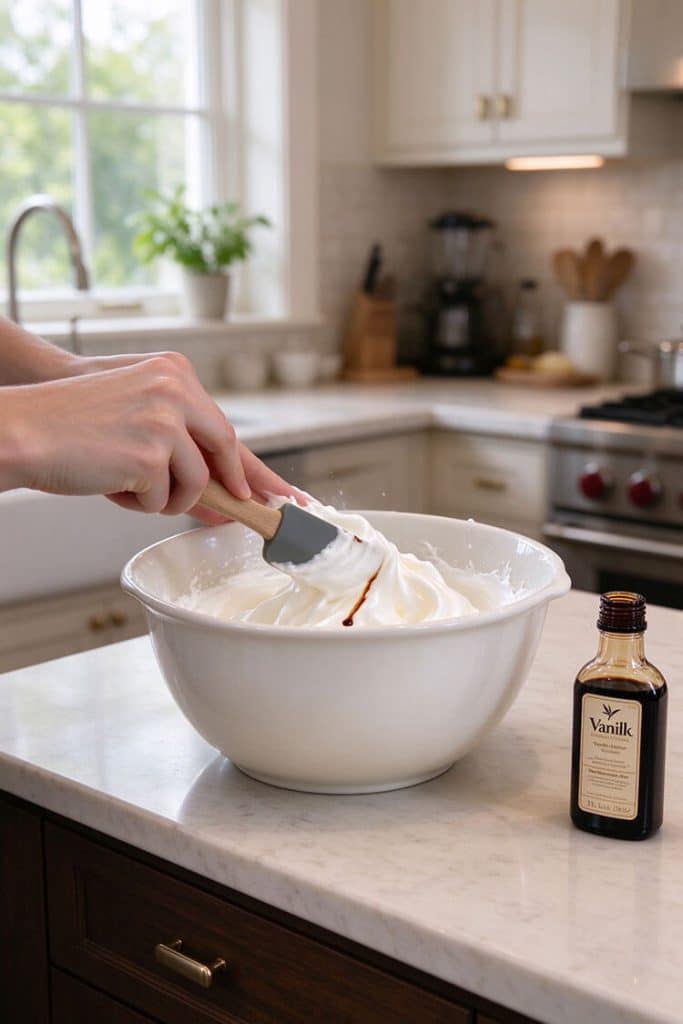 Folding pure vanilla extract gently into a large ceramic bowl of glossy egg white meringue with a rubber spatula.