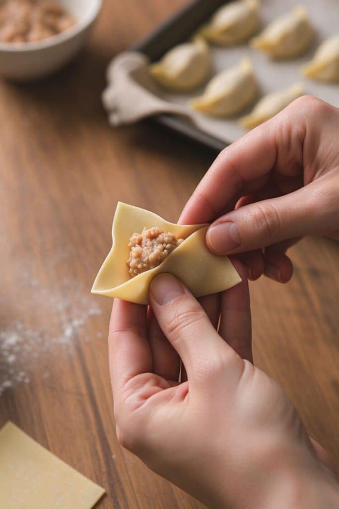 Folding square wonton wrapper around savory meat filling into a classic bishop hat shape.