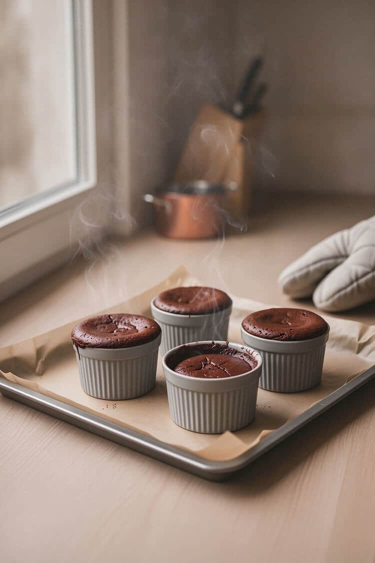 Four freshly baked chocolate lava cakes in grey ceramic ramekins cooling on a parchment-lined metal tray by a window with visible steam rising