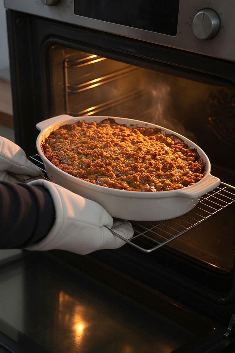 Oven-mitted hands taking a white ceramic baking dish of freshly baked, deeply golden and steaming cinnamon oat apple crumble out of a lit oven