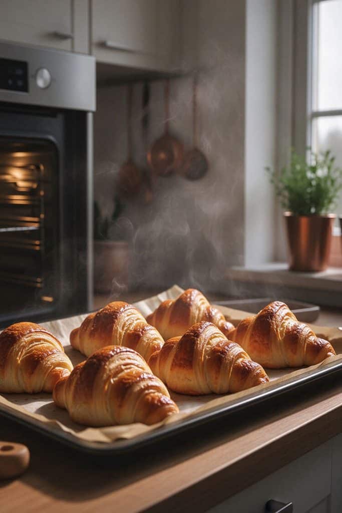 Freshly baked golden butter croissants steaming on a baking sheet lined with parchment paper in front of an oven.