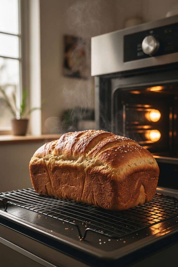 Freshly baked golden danish bread loaf cooling on a wire rack in front of an open oven.