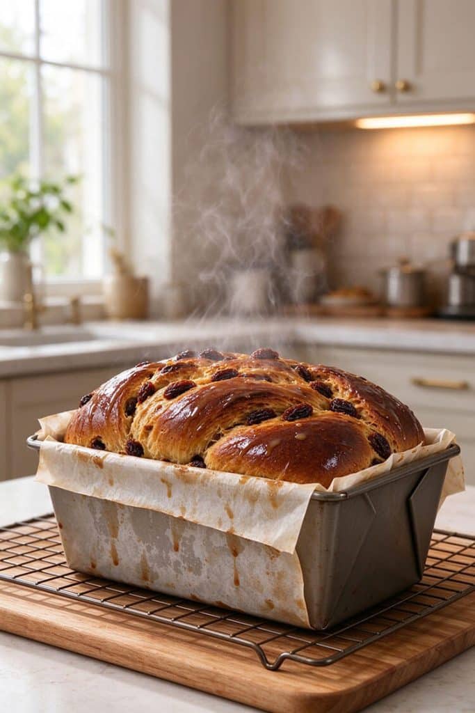 Steaming hot loaf of homemade malted raisin bread cooling in a parchment-lined baking pan on a wire rack.