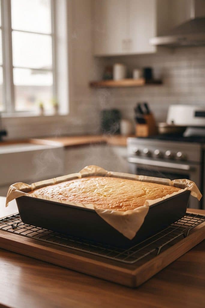 Freshly baked golden sponge cake in a parchment-lined rectangular baking pan cooling on a wire rack on a wooden countertop.