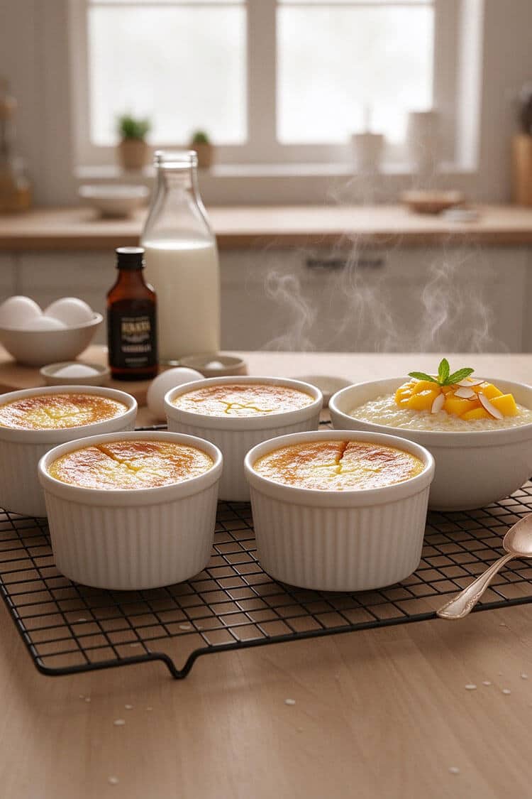 Four individual white ceramic ramekins of golden baked tapioca pudding cooling on a black wire rack next to fresh diced mango garnish.