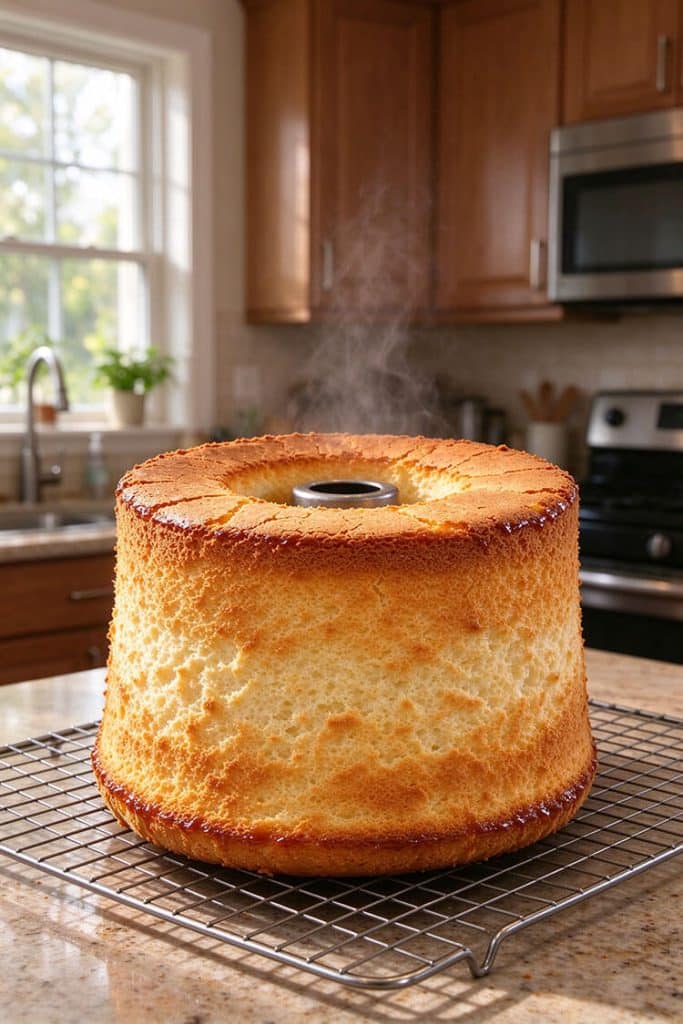 Whole golden brown freshly baked angel food cake steaming gently on a wire cooling rack after unmolding from a tube pan.